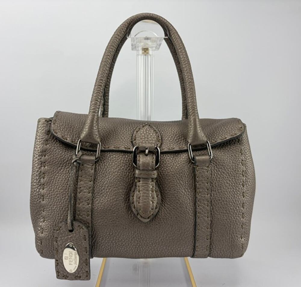 Fendi Selleria Mini Linda Metallic Pewter Pebbled Leather Satchel Sterling Tag - Picture 1 of 14